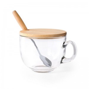 Reklaminė atributika su logotipu (Glass mug 420 ml with spoon and lid)