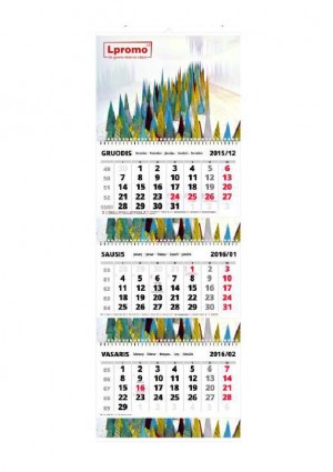 Trijų dalių sieniniai kalendoriai su reklaminiais intarpais