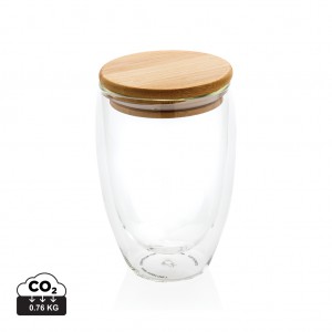 Verslo dovanos: (en:Double wall borosilicate glass with bamboo lid 350ml)