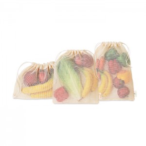 Medvilninių, tinklinių maišelių vaisiams ir daržovėms rinkinys (be popierinės įmautės), komplektas 3 vienetai