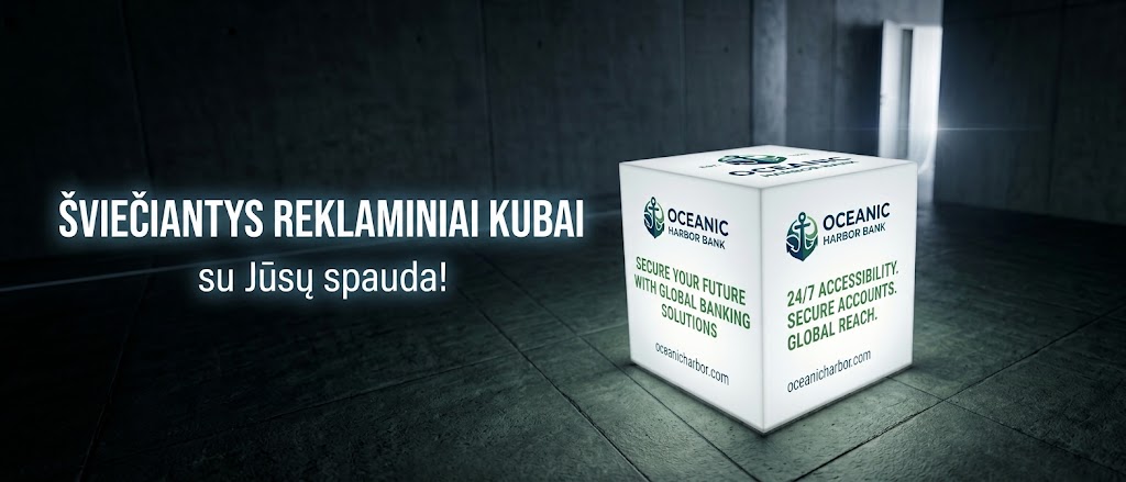 &Scaron;viečiantis akrilinis reklaminis kubas su spauda