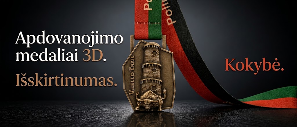 Metaliniai 3D medaliai su individualia spauda ir juostele