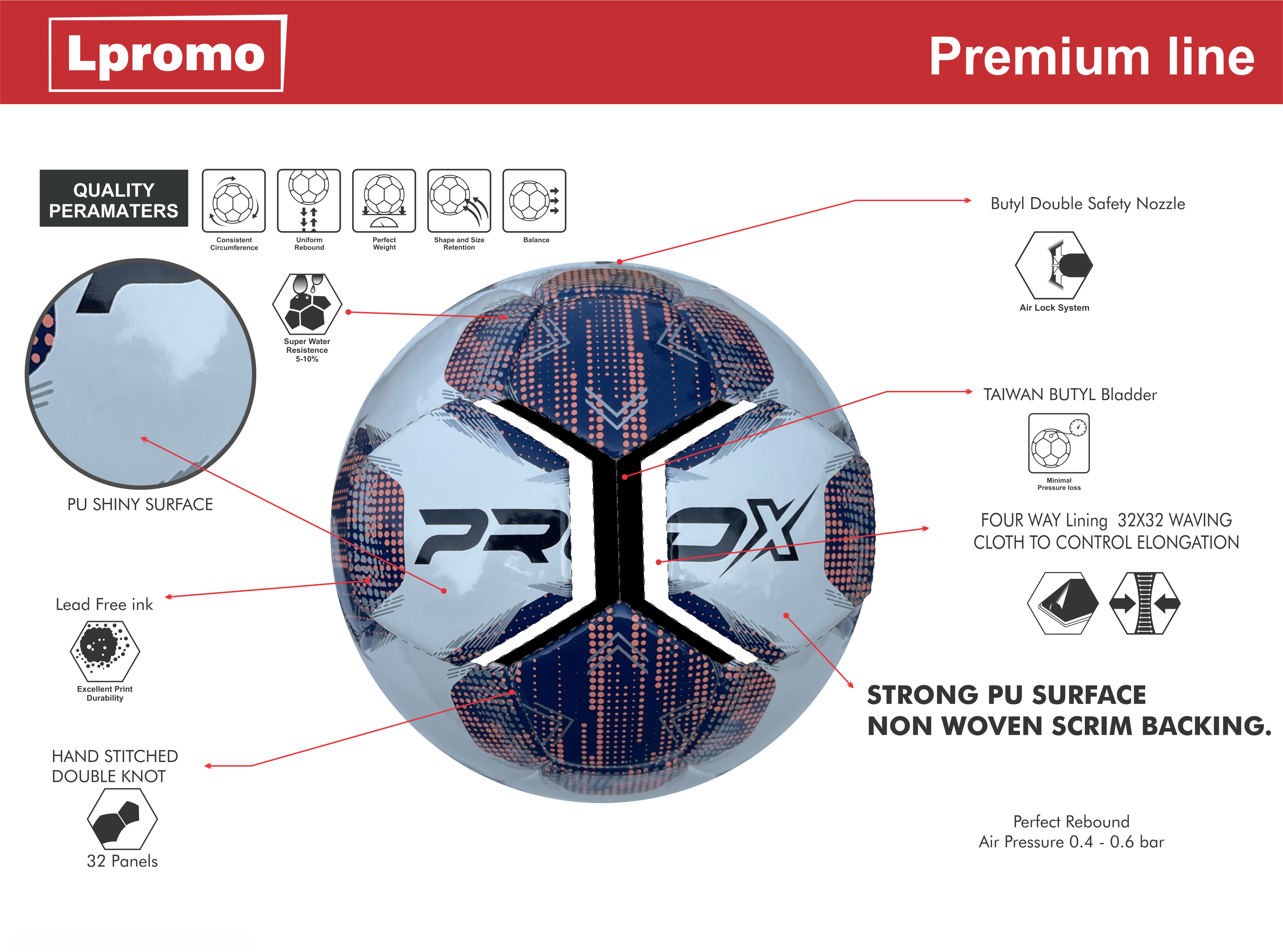 Premium futbolo kamuolys detalė